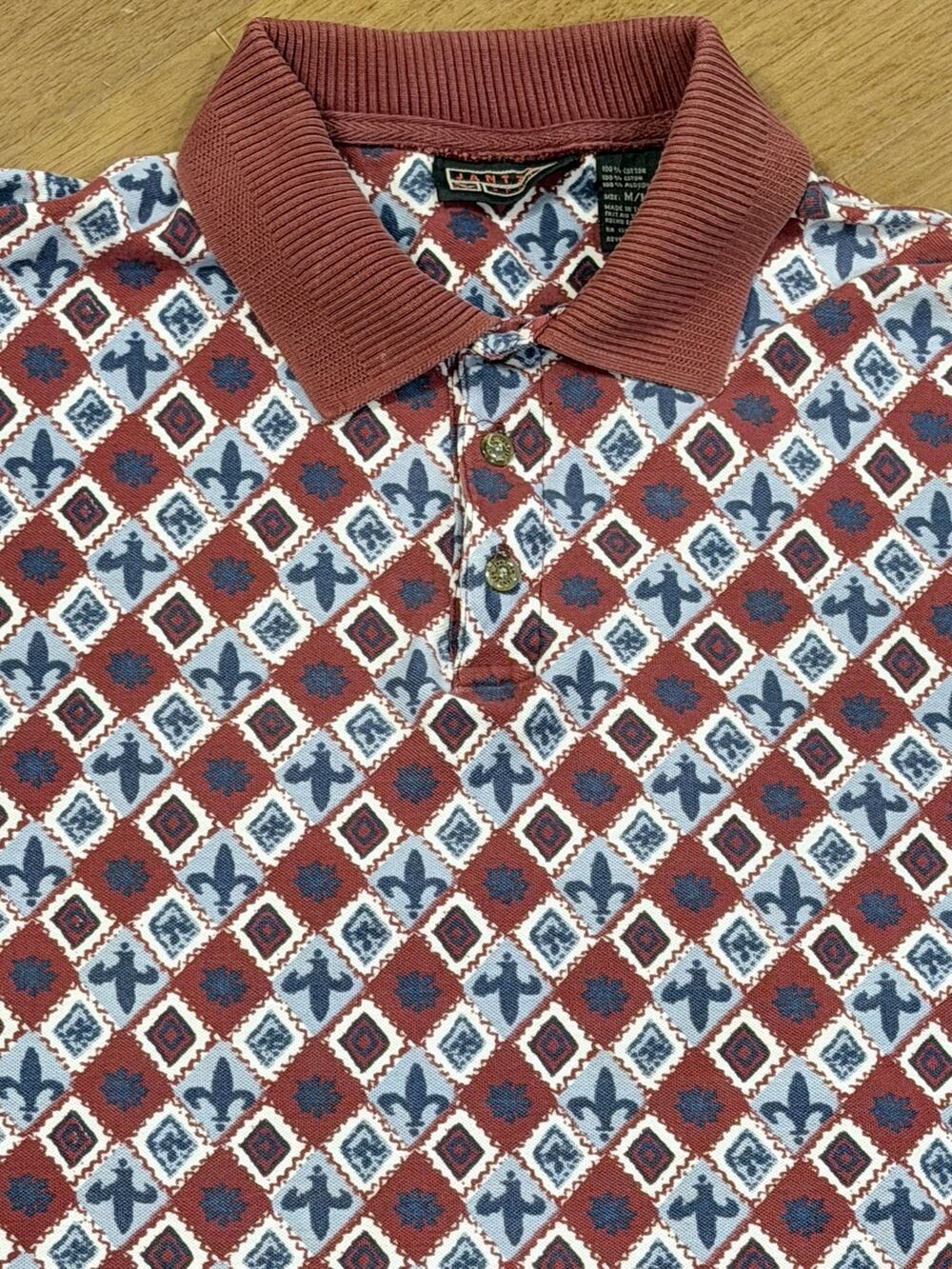 VTG JANTZEN SPORT Polo Shirt Fluer-De-Lis Print All Over Size Medium Rare Golf